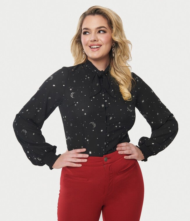 Unique Vintage Black Moon Star Print Blouse, Black Silver Stars / Black, hi-res image number null