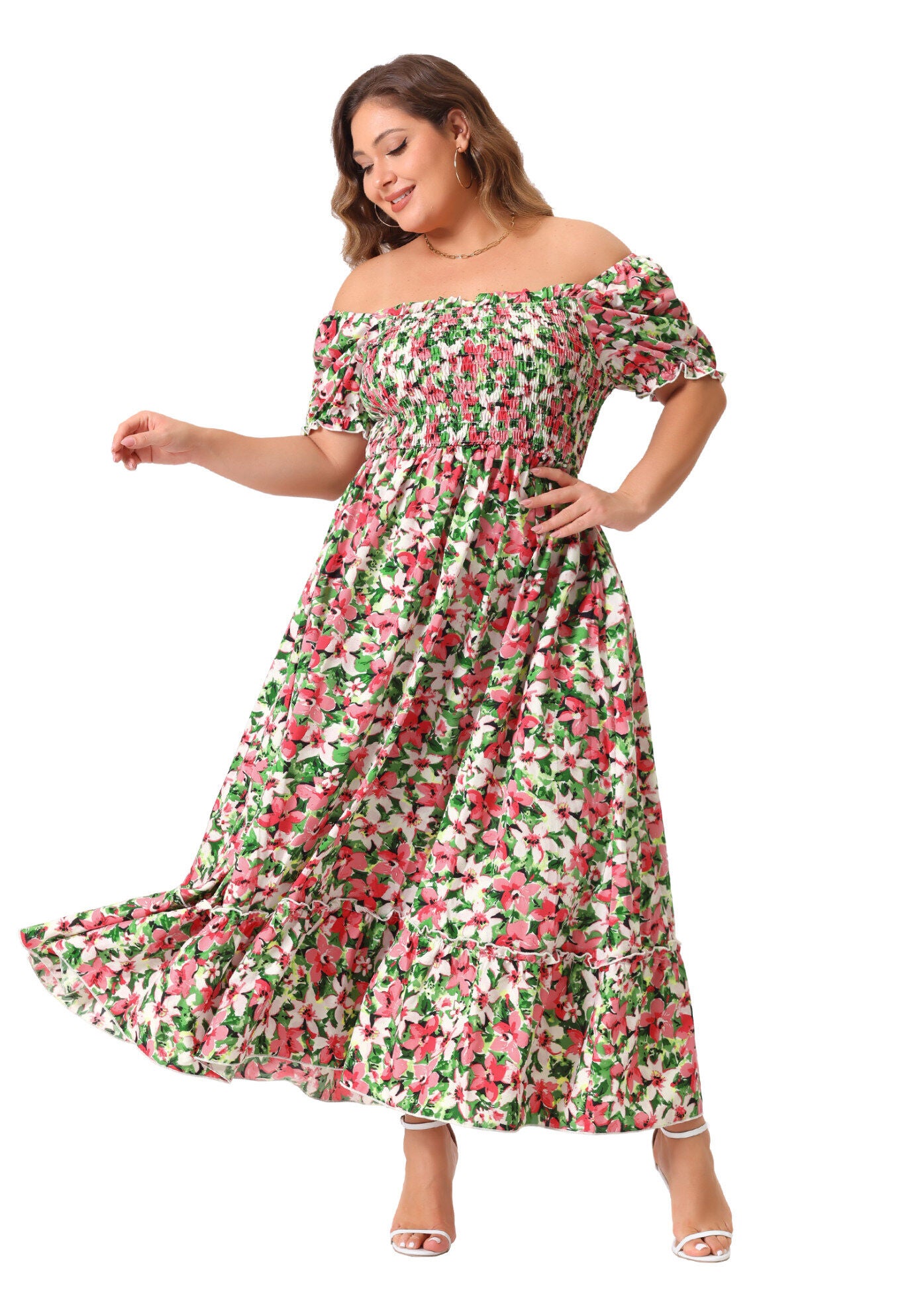 Short Sleeve Shirred Square Neck Floral Maxi Dress, Pink Green / Pink, hi-res image number 0
