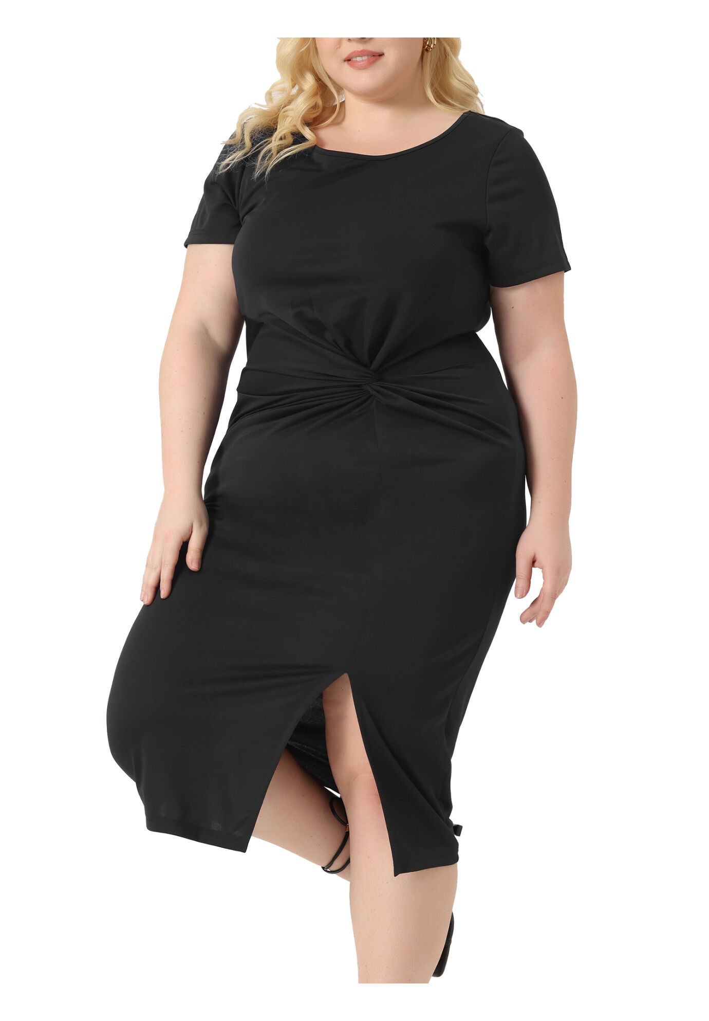 Round Neck Knot Front Short Sleeve Side Split Dress, Black / Black, alternate image number 1