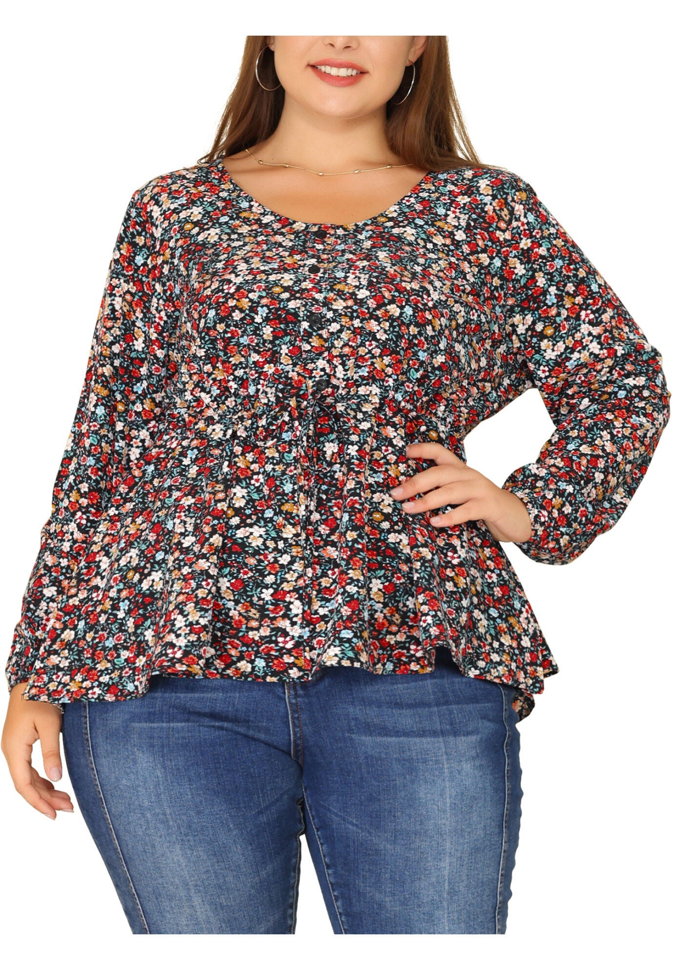 Floral Print Long Sleeves Belt Tie Ruffle Casual Peplum Top, Black / Black, alternate image number 2