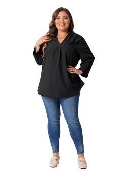 V Neck 3/4 Sleeve Flowy Blouse Work Chiffon Shirt