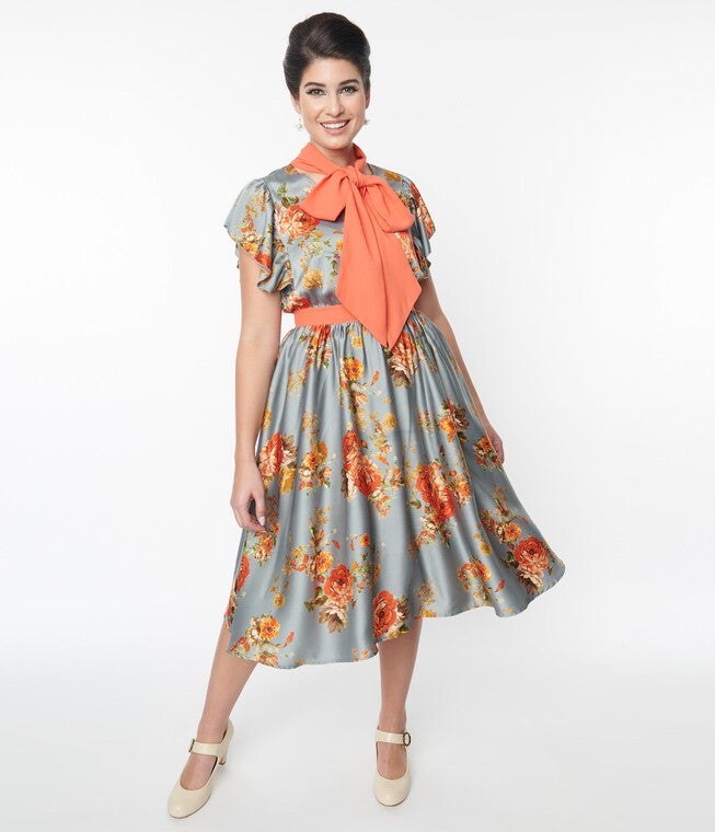 Unique Vintage Antique Blue & Orange Floral Satin Swing Dress, Blue Orange Floral / Dusty Blue, hi-res image number null