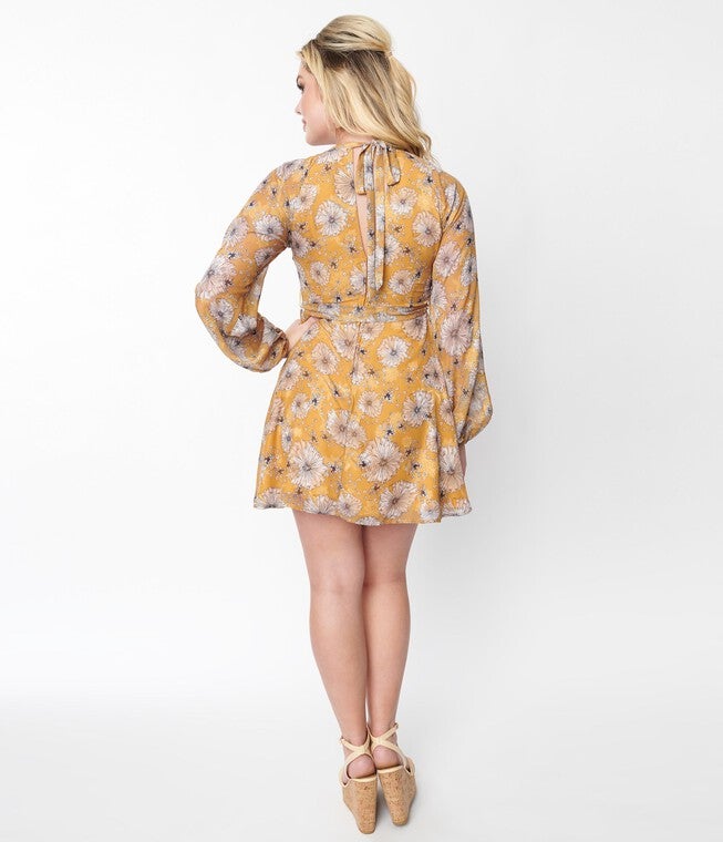 Smak Parlour Mustard & White Floral Ink Sketch Fit & Flare Dress, , alternate image number null