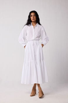 Embroidered Flowy Maxi Tiered Dress in White