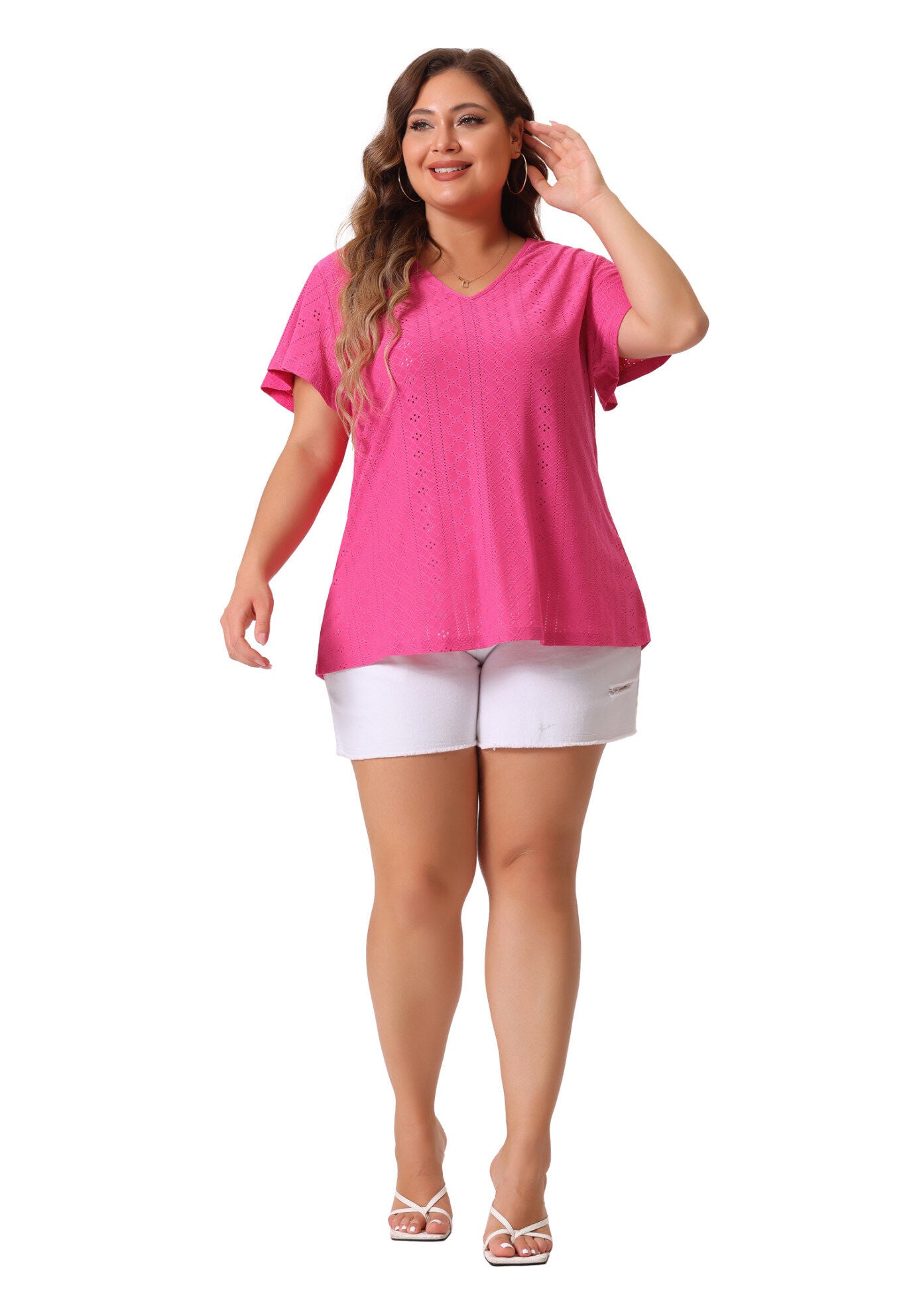 Summer Tee V Neck Hollow Flare Short Sleeve Casual Top Tunic, Hot Pink / Deep Fuchsia, hi-res image number 0