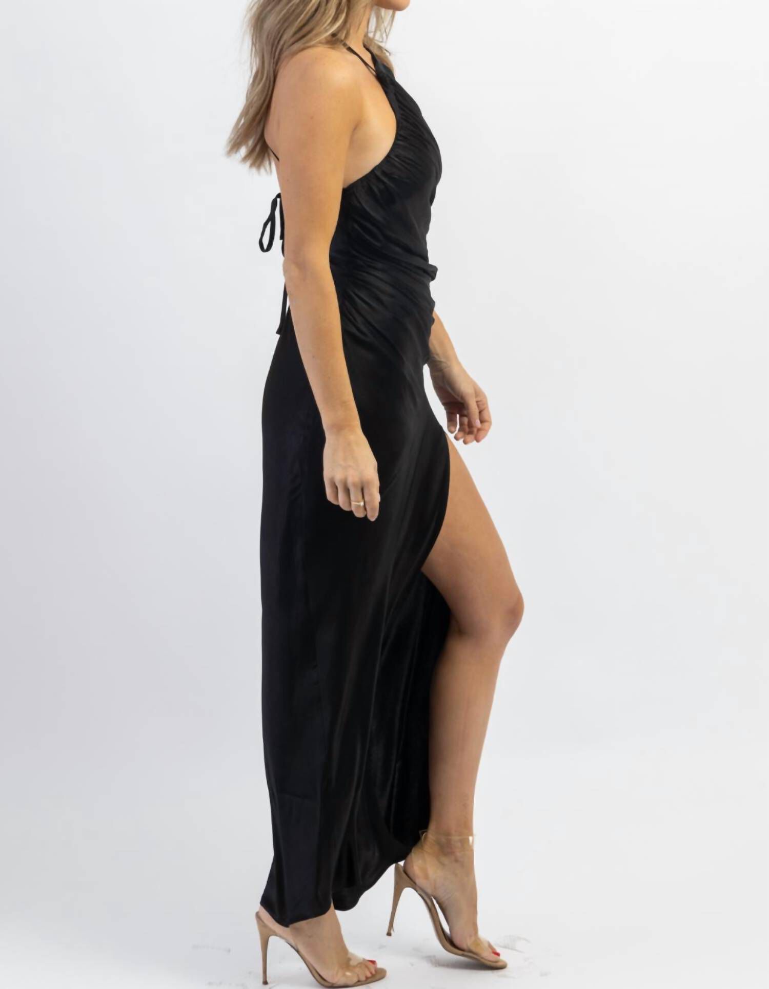 BILTMORE SATIN SHIRRING DRESS IN BLACK, , alternate image number 9