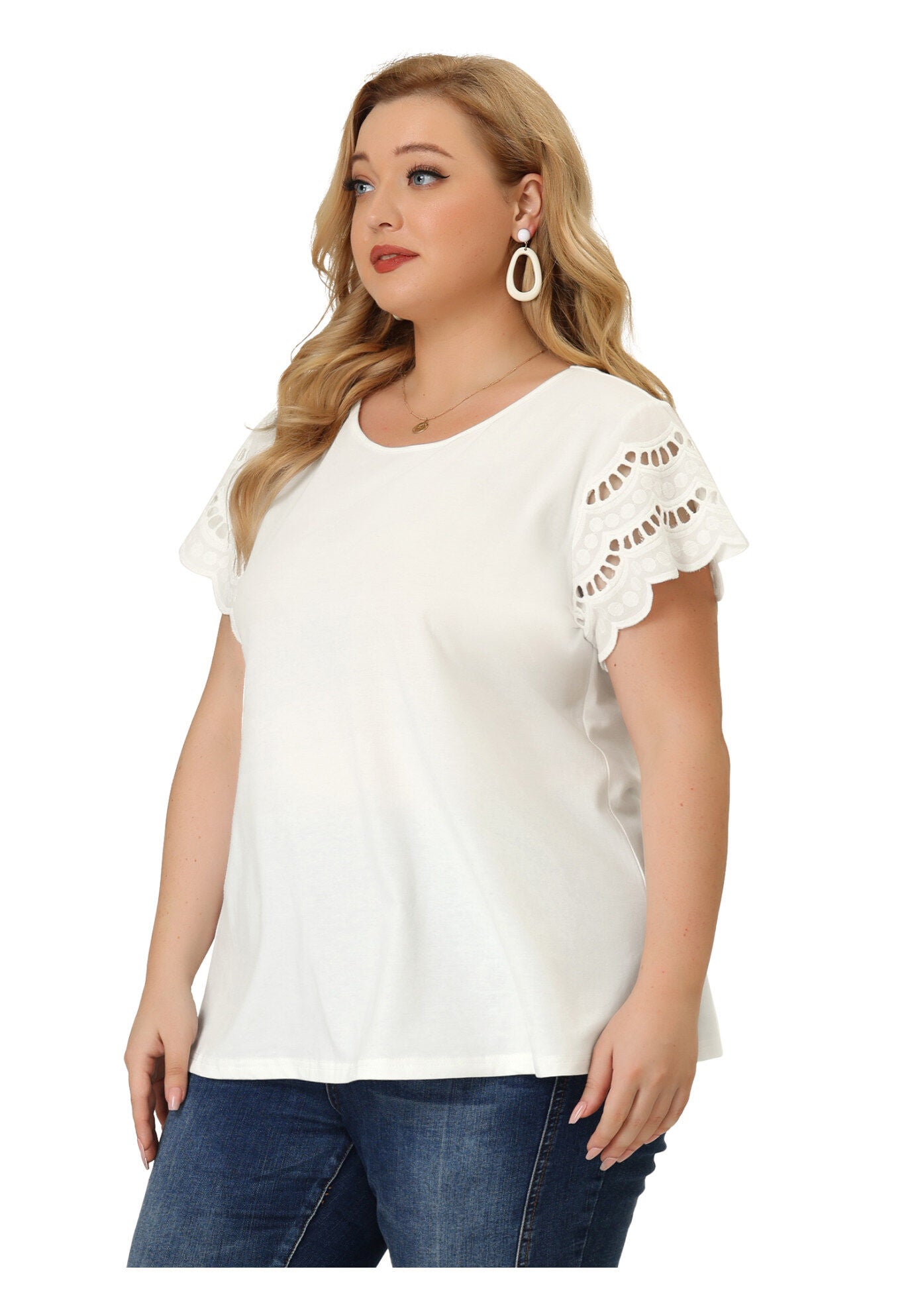Lace Panel Hollow Short Sleeve Summer Blouse, White / White, alternate image number 4