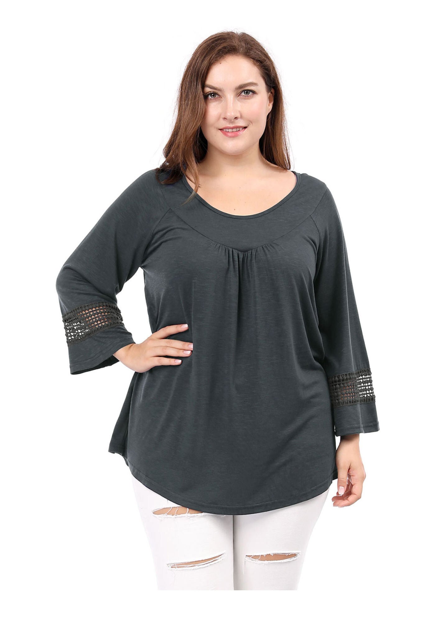 CROCHET PANEL HOLLOW OUT PLEATED TUNICS BLOUSE TOP, Dark Grey / Charcoal Grey, alternate image number 3