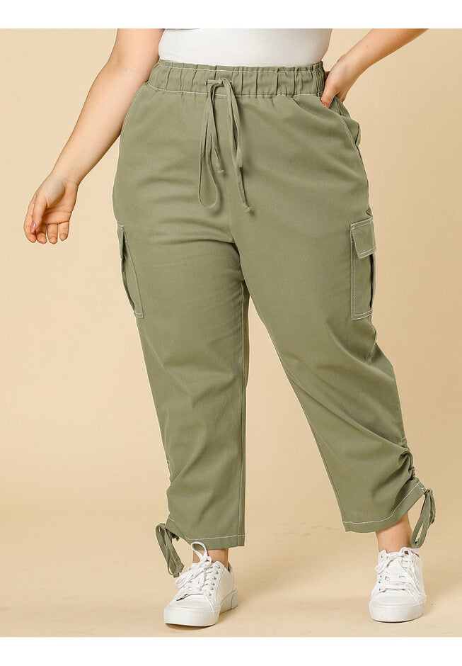 DRAWSTRING ELASTIC WAIST CARGO PANTS, Army Green / Sage Green, alternate image number null