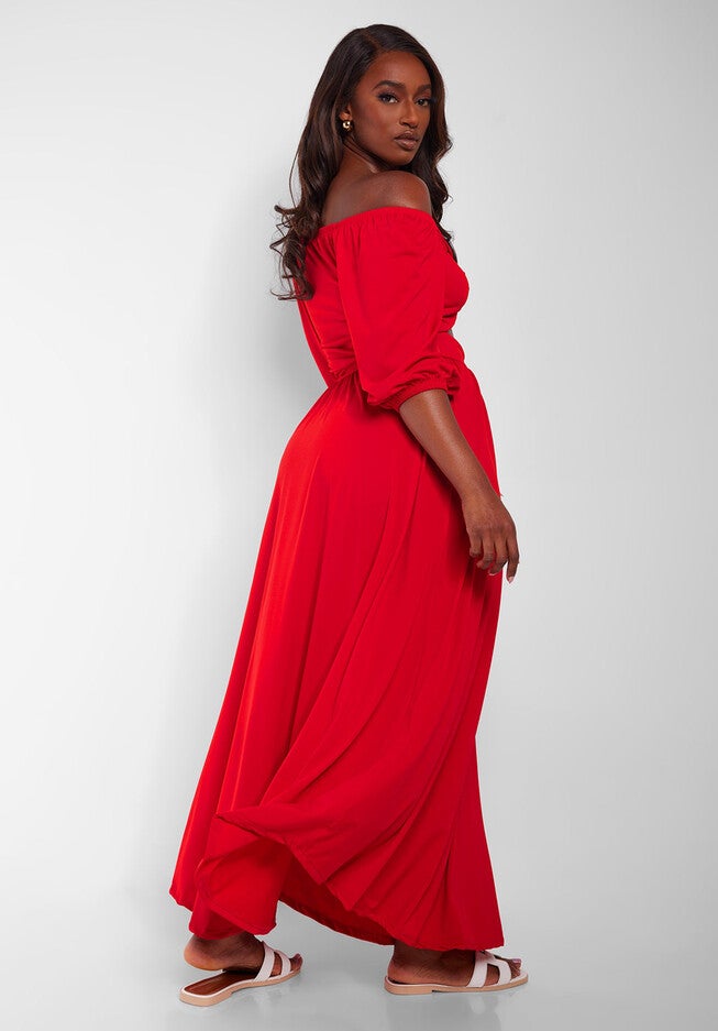 Londyn Off Shoulder Cut Out Maxi A Line Dress, Red / Red, alternate image number 3