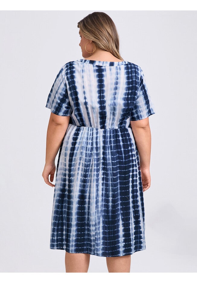 Toothpick Pleated Tie Dye Button Decor Round Neck Short Sleeve A-Line Dresses with Pockets, Dark Blue / Navy, alternate image number null