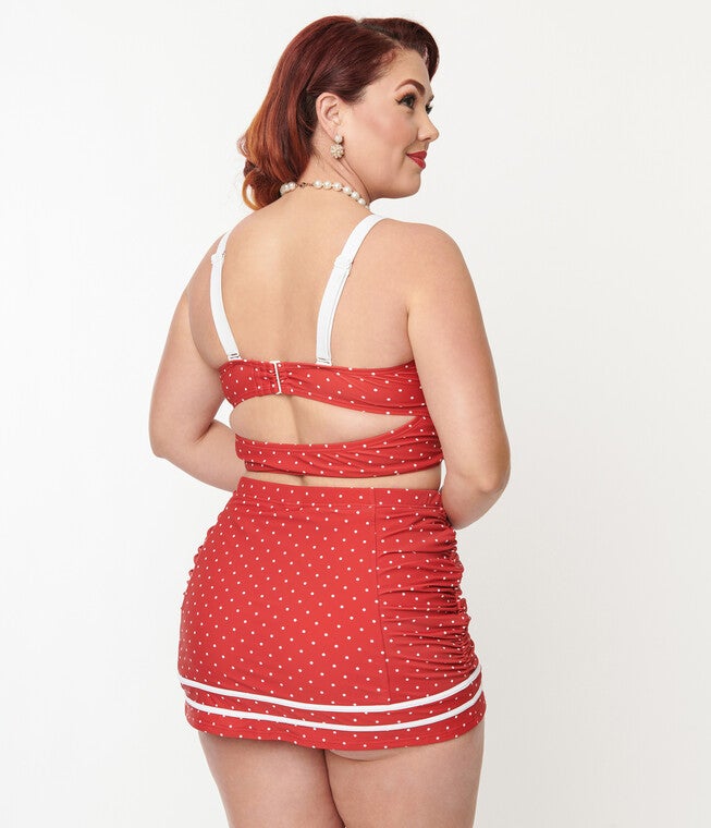 Unique Vintage Red Pin Dot Lace Up Swim Top, , alternate image number 5