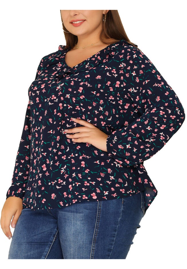 Long Sleeve Floral Top Ruffle V Neck Casual Blouse, Navy Blue / Navy, alternate image number 1