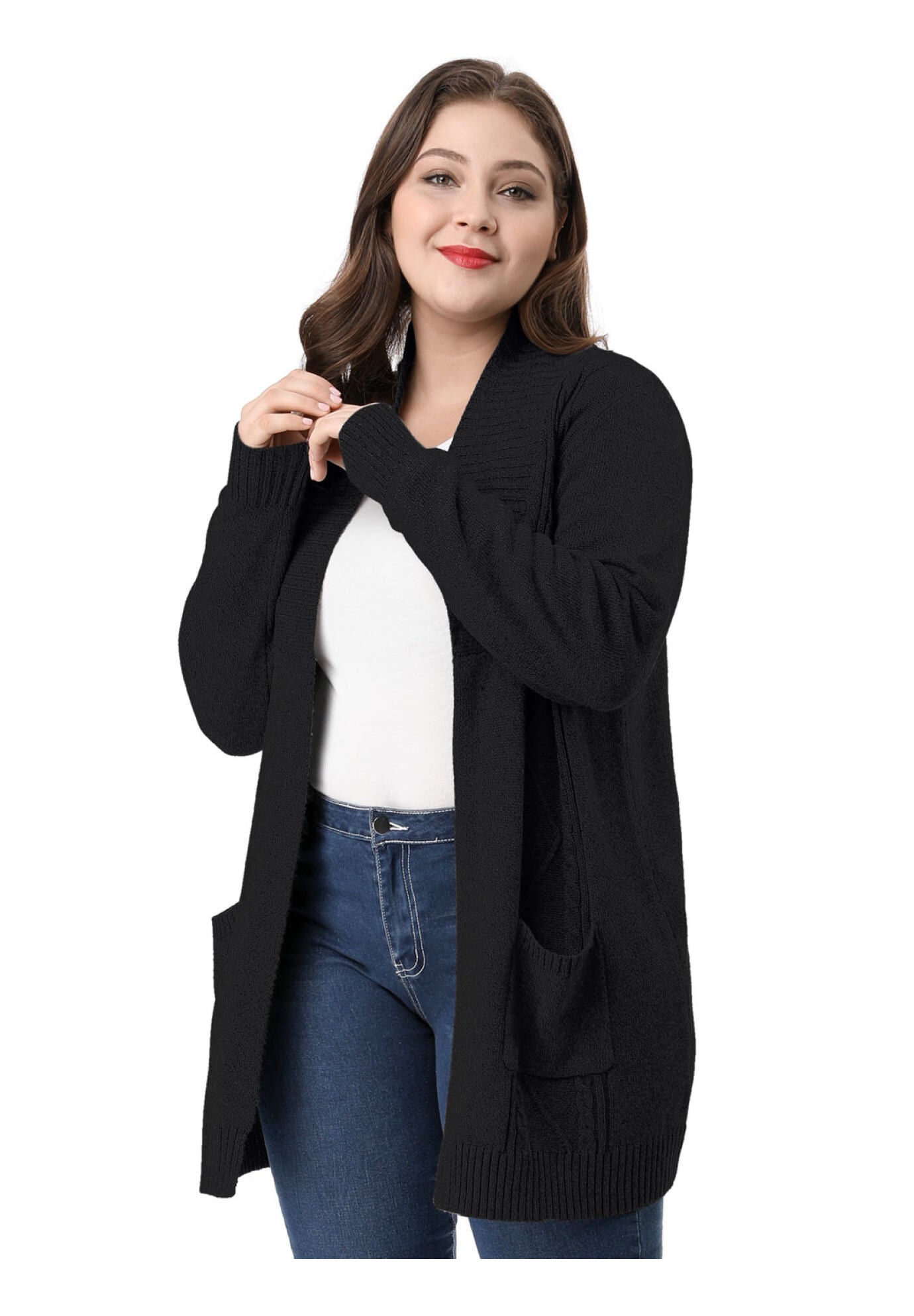 SHAWL COLLAR OPEN FRONT SWEATER CARDIGAN, Black / Black, hi-res image number 0