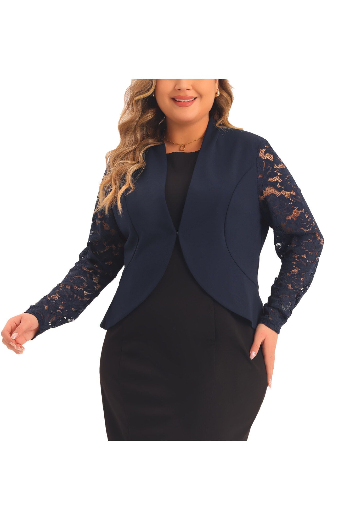 LACE OPEN FRONT CROPPED SHRUG BOLERO BLAZER, Navy Blue / Navy, alternate image number 1