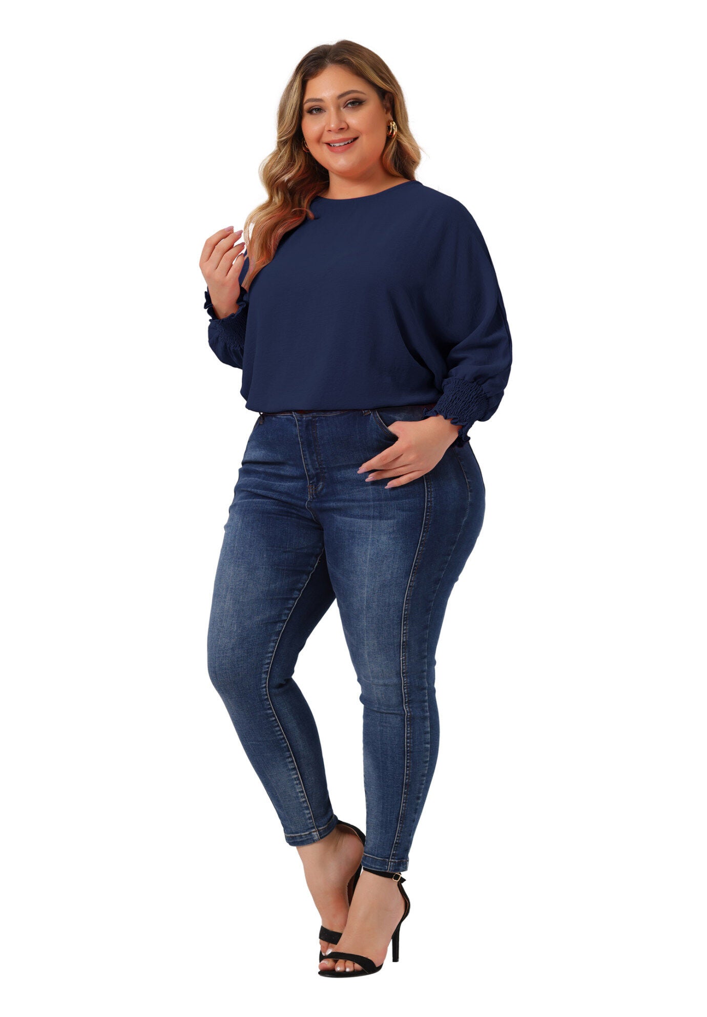 Chiffon Top Batwing Ruffle Long Sleeve Loose T-Shirt Blouse, Navy Blue / Navy, hi-res image number 0