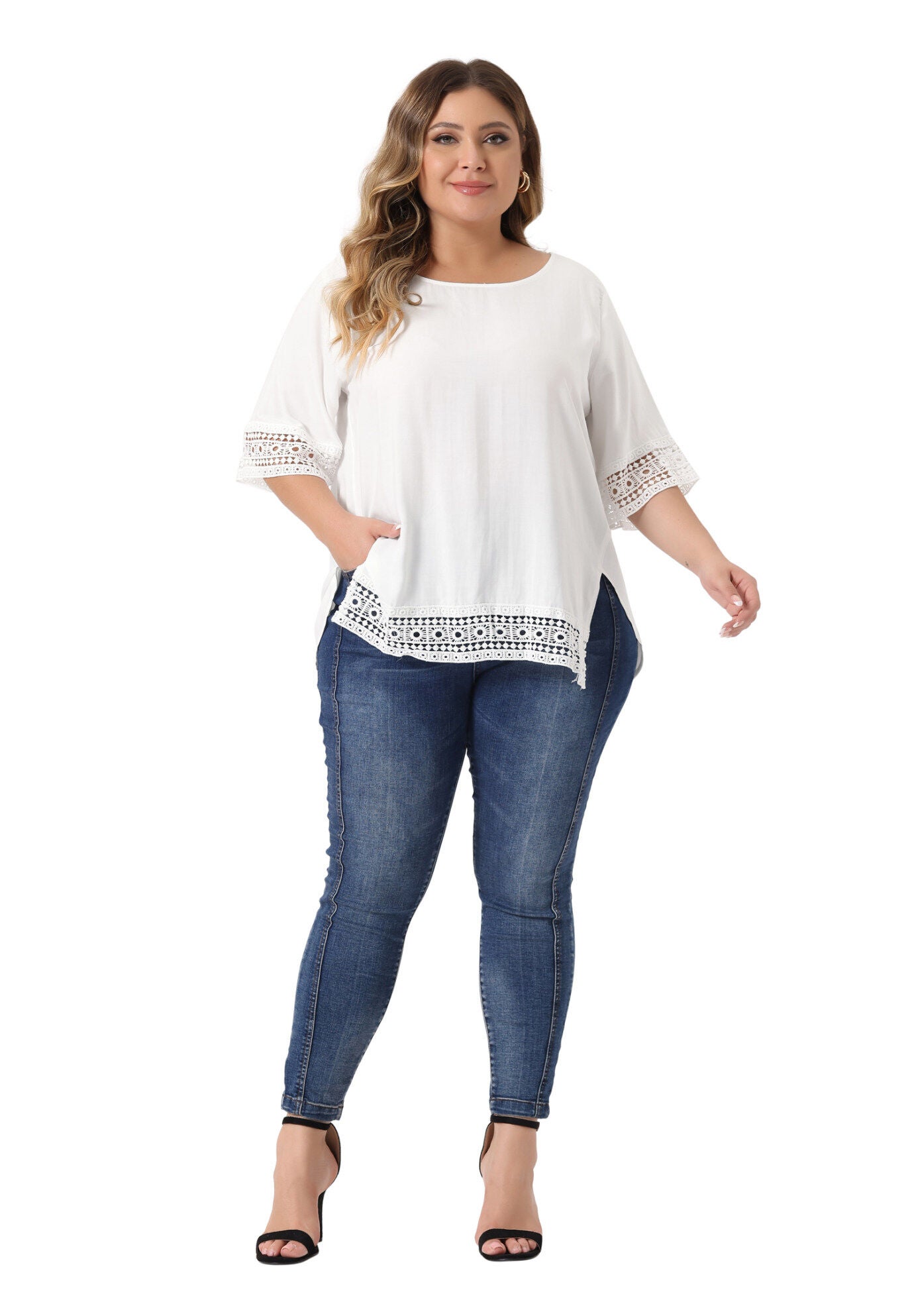 Crewneck Lace Crochet Short Sleeve Casual Loose Top, White / White, hi-res image number 0