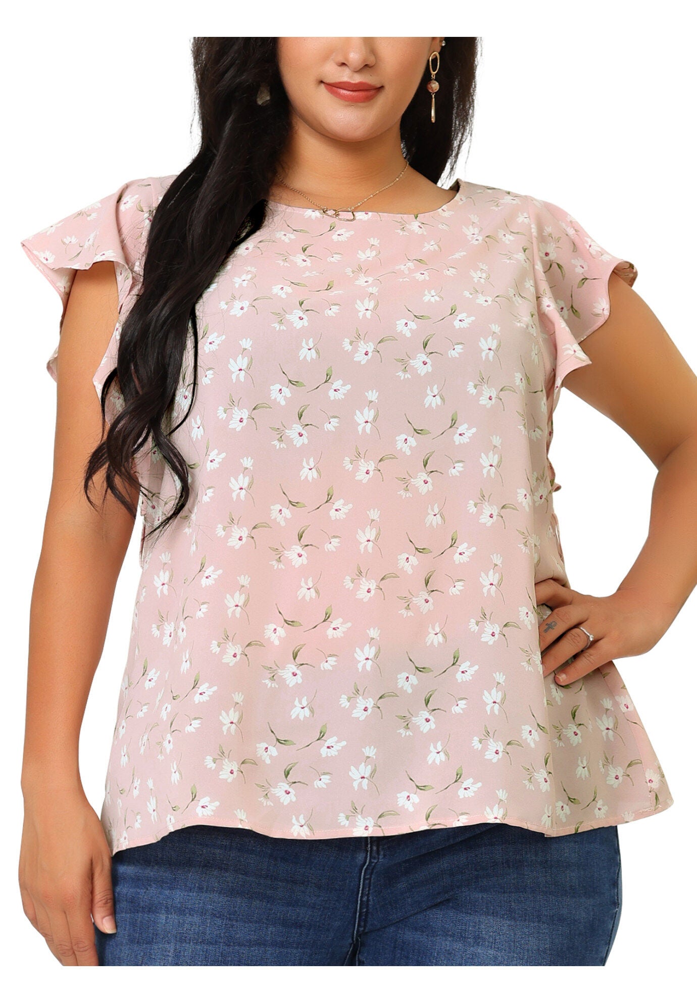 Summer Top Floral Tie Waist Short Sleeves Casual Blouse, Pink / Pink, alternate image number 1