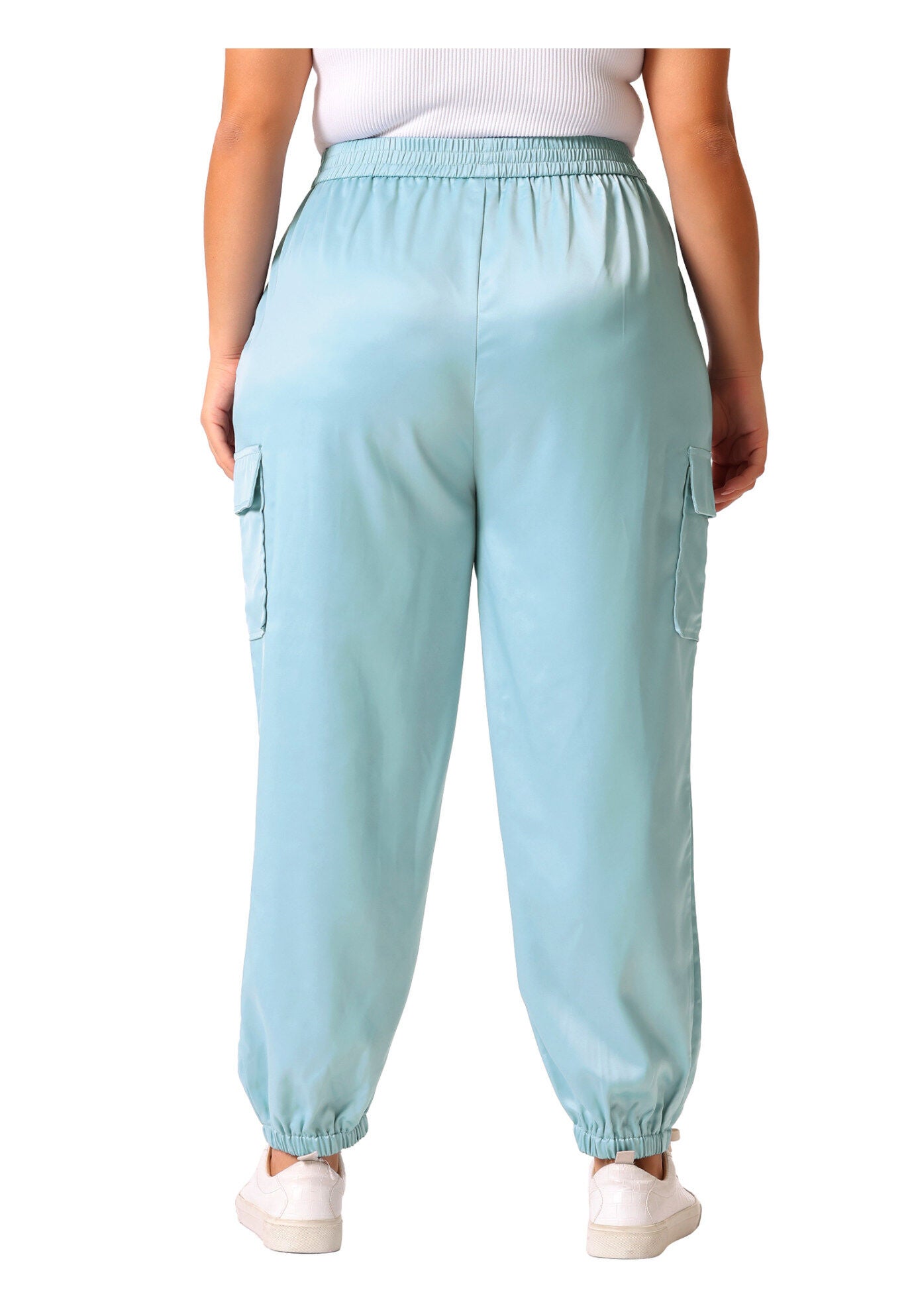 SATIN JOGGERS ELASTIC WAIST ATHLEISURE ANKLE LENGTH CARGO PANTS, Light Blue / Light Blue, alternate image number 3
