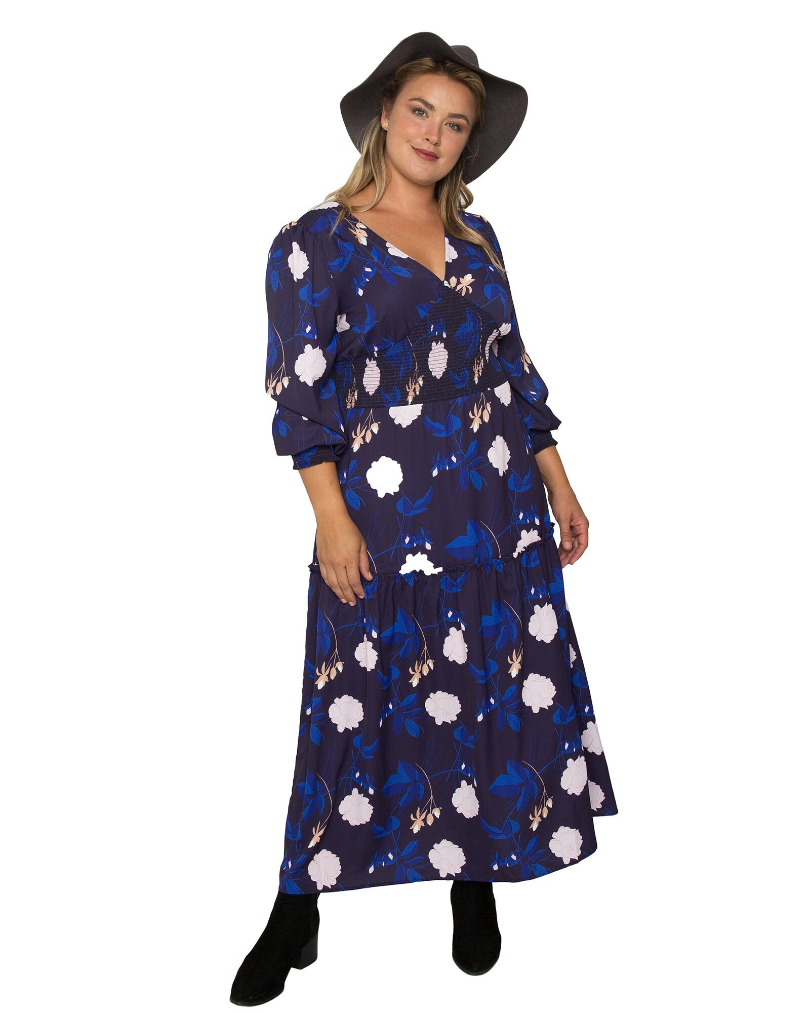 Plus Size Zina Smocked Waist Long Sleeve Maxi Dress, Midnight Blooms Print / Navy, alternate image number 3
