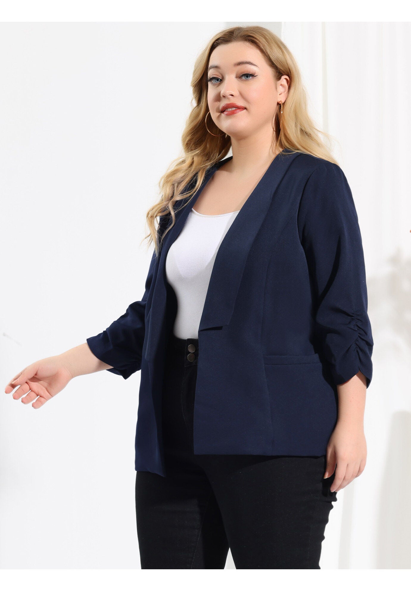 OPEN FRONT 3/4 RUCHED SLEEVE LIGHTWEIGHT BLAZER, Dark Blue / Navy, alternate image number 3