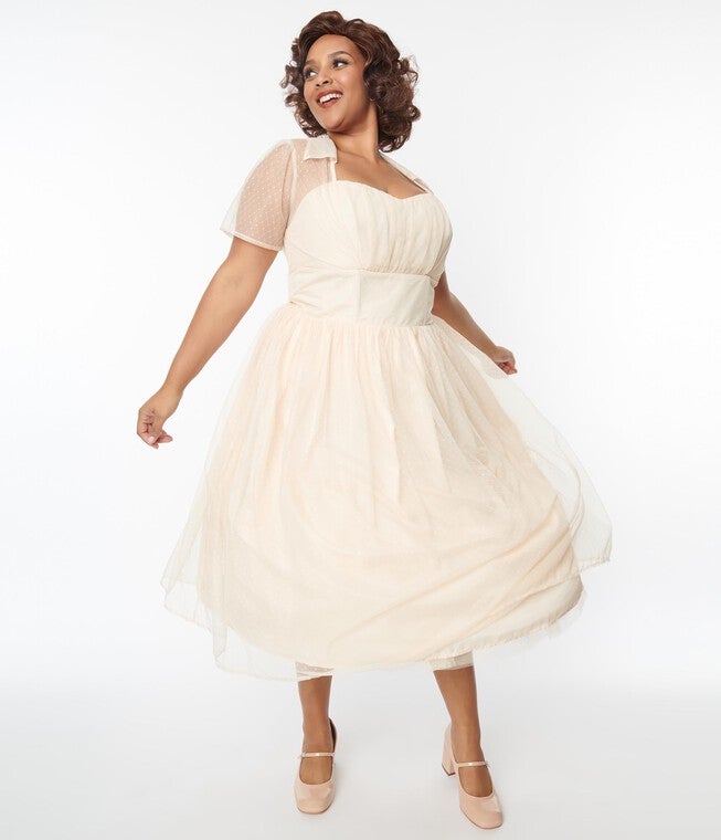 Unique Vintage Peach Clip Dot Bridal Libby Swing Dress, White Polka Dot / Ivory, alternate image number null