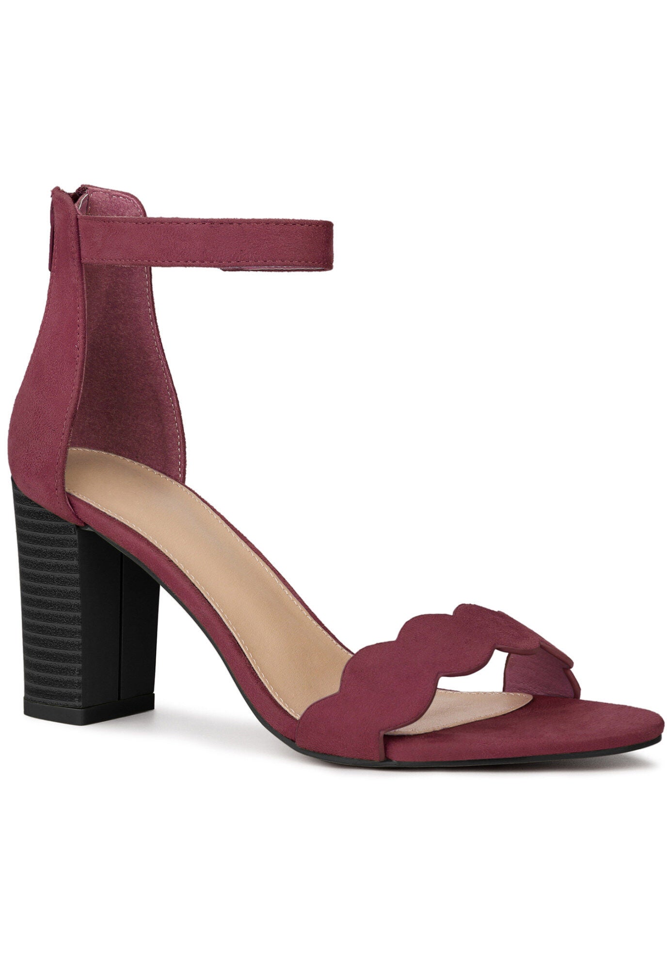 Scalloped Heel Ankle Strap Chunky Heels Sandals, Burgundy / Burgundy, hi-res image number 0