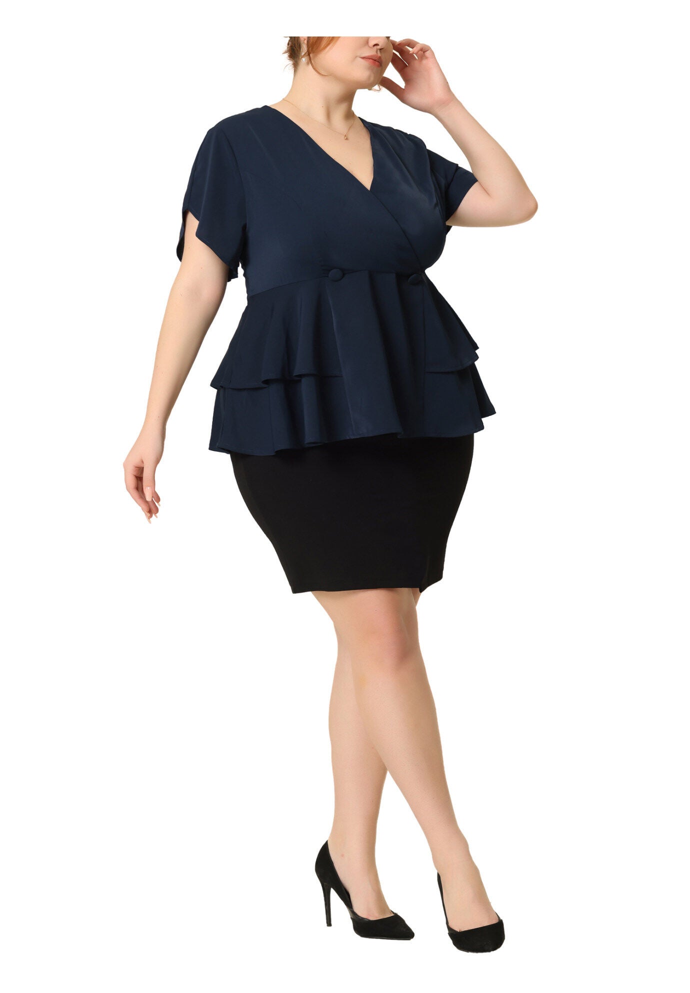 Work V Neck Ruffle Hem Buttons Front Peplum Top, Navy Blue / Navy, alternate image number 1