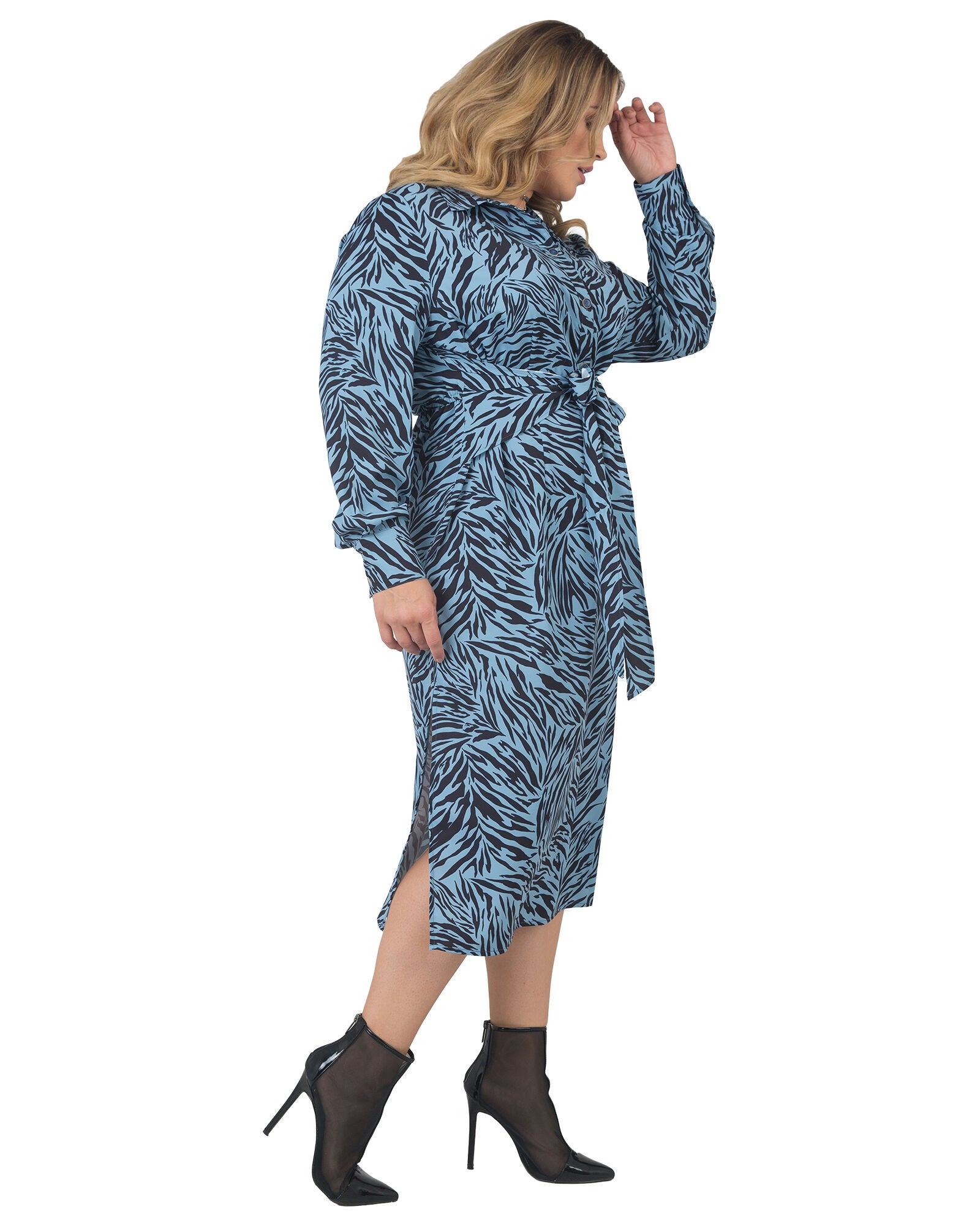 Plus Size Shoshanna Tie-Front Long Sleeve Midi Shirt Dress, Zebra Fever / Azure Blue, alternate image number 2