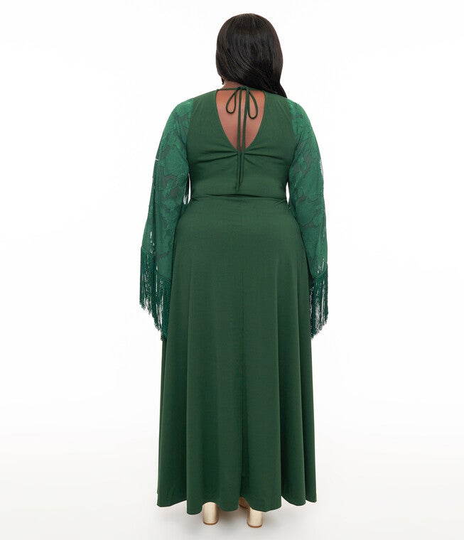 1970s Green Fringe Sleeve Maxi Dress, Green / Forest Green, alternate image number 1