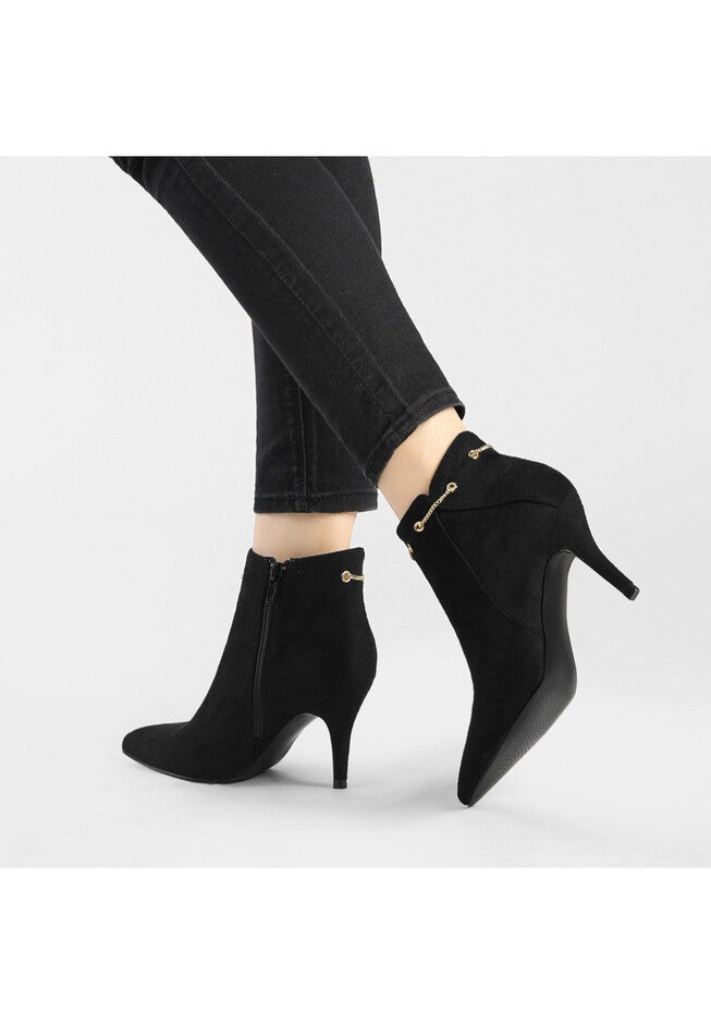 POINTED TOE ZIP STILETTO HEEL BOOTIES, Black / Black, alternate image number null
