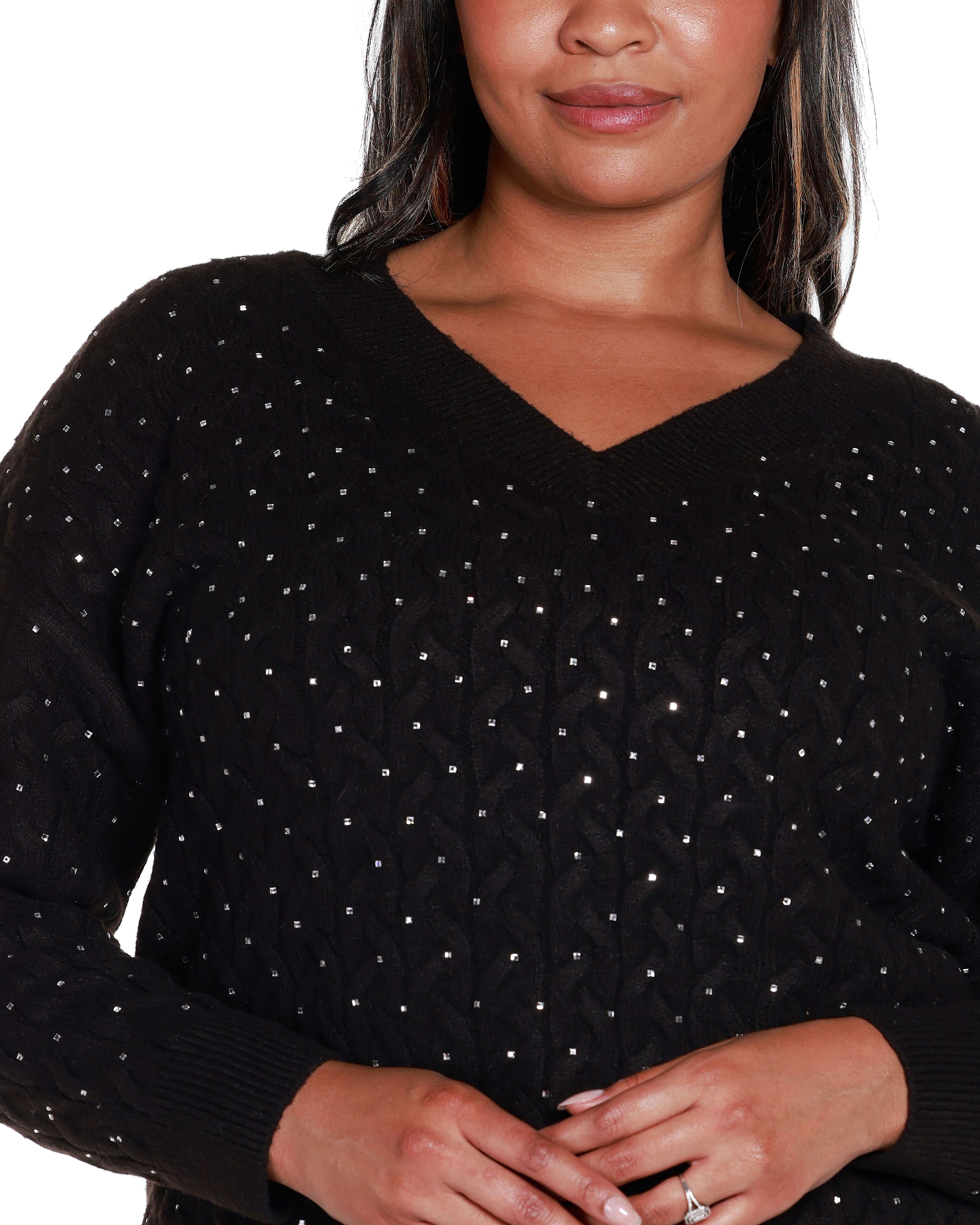 EMBELLISHED CABLED V-NECK SWEATER, Black / Black, alternate image number 3
