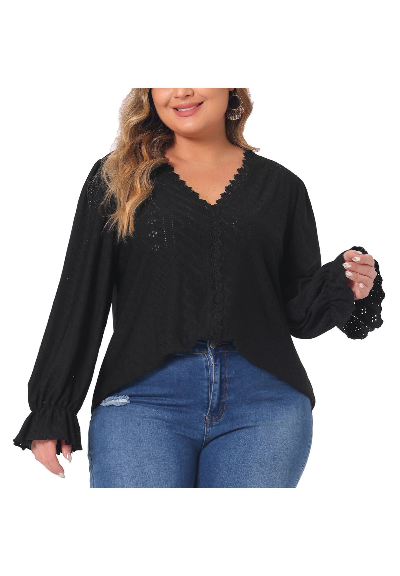 V Neck Ruffle Eyelet Lace Crochet Hollow Blouse, Black / Black, alternate image number 2