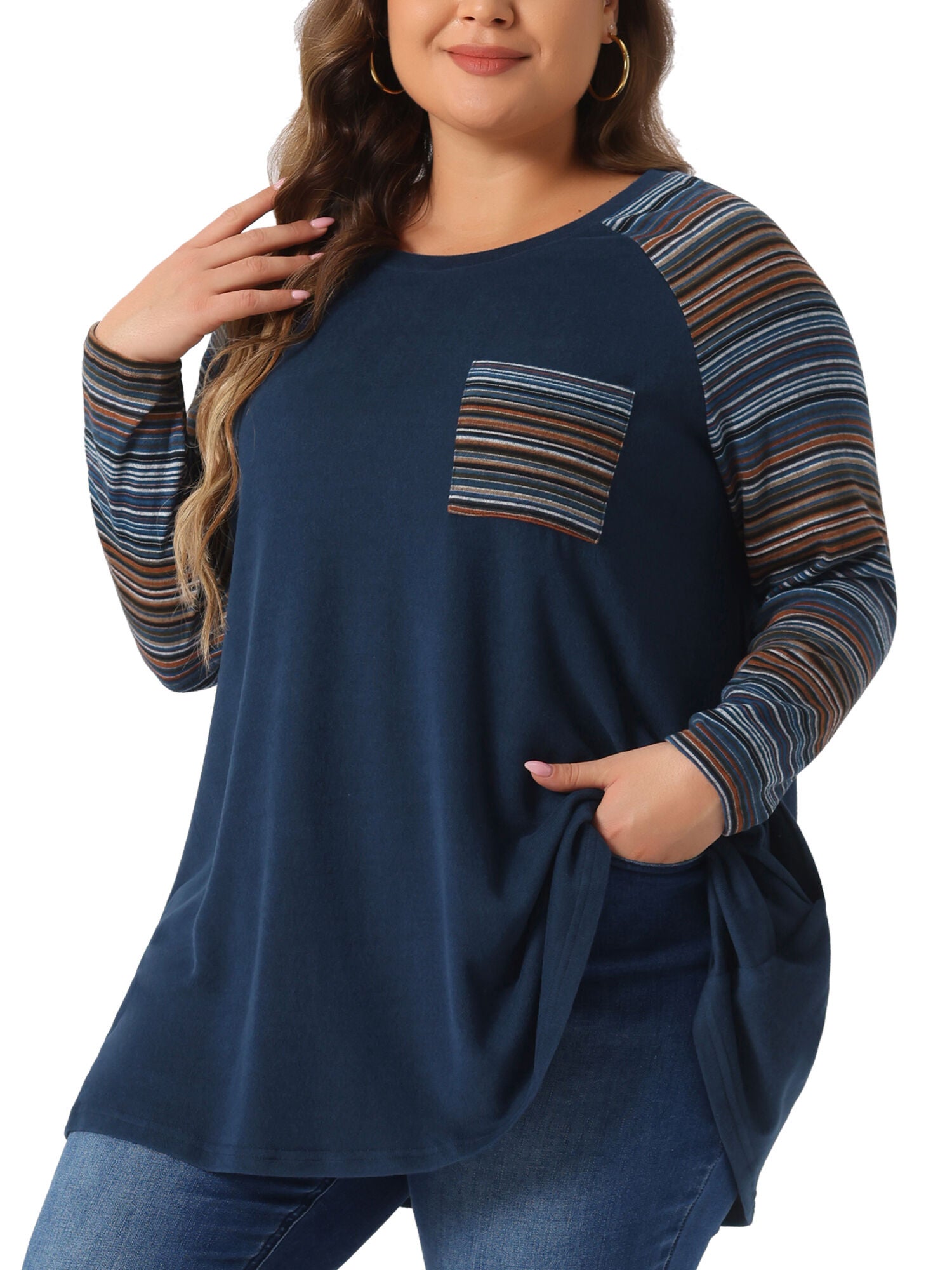 Raglan Color Block Knit Pullover Shirt Tunic Top with Pockets, Navy Blue / Navy, alternate image number 1