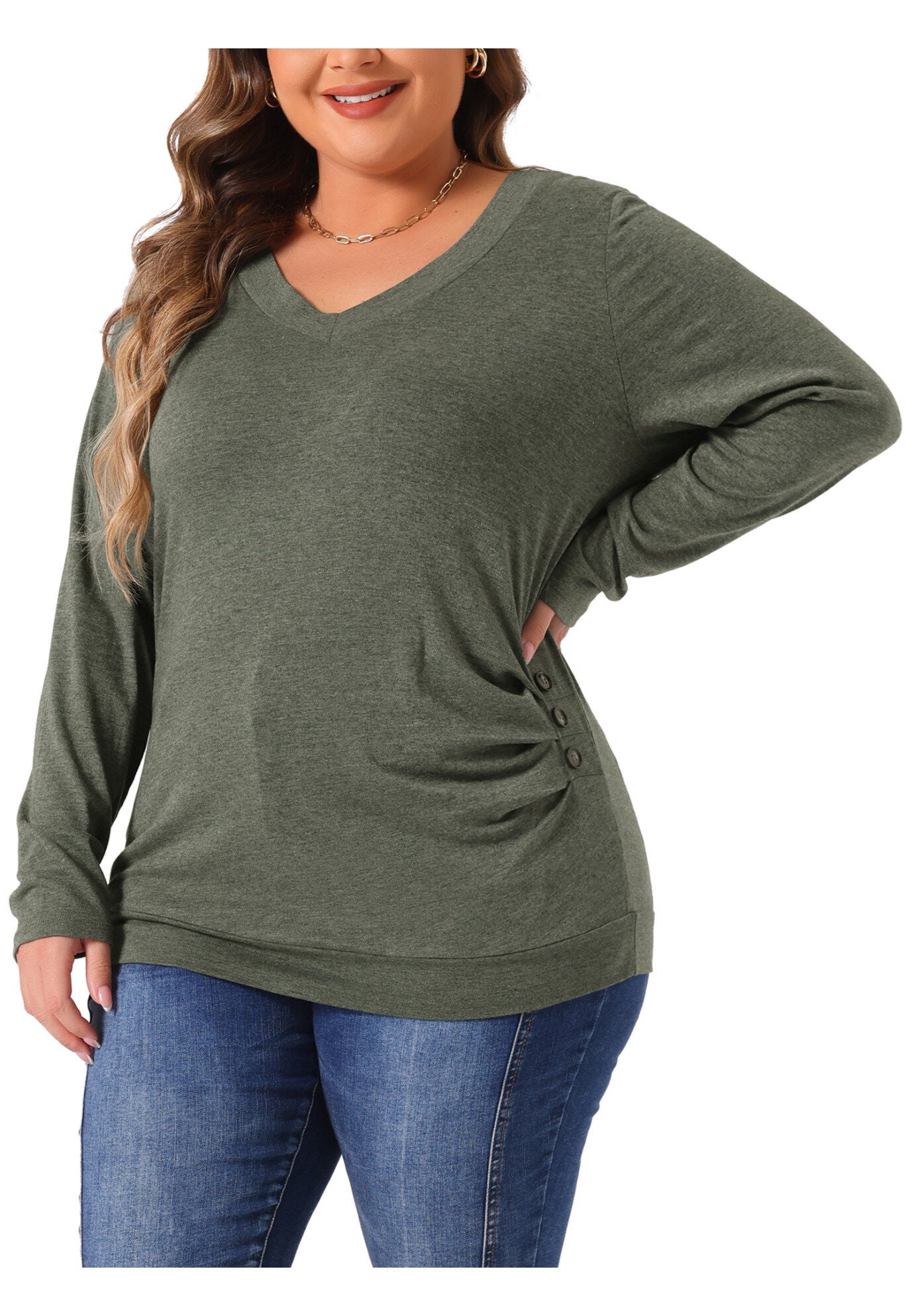 V Neck Long Sleeve Buttons Decor Ruched Casual Blouse Tunic Top, Green / Olive Green, alternate image number 1