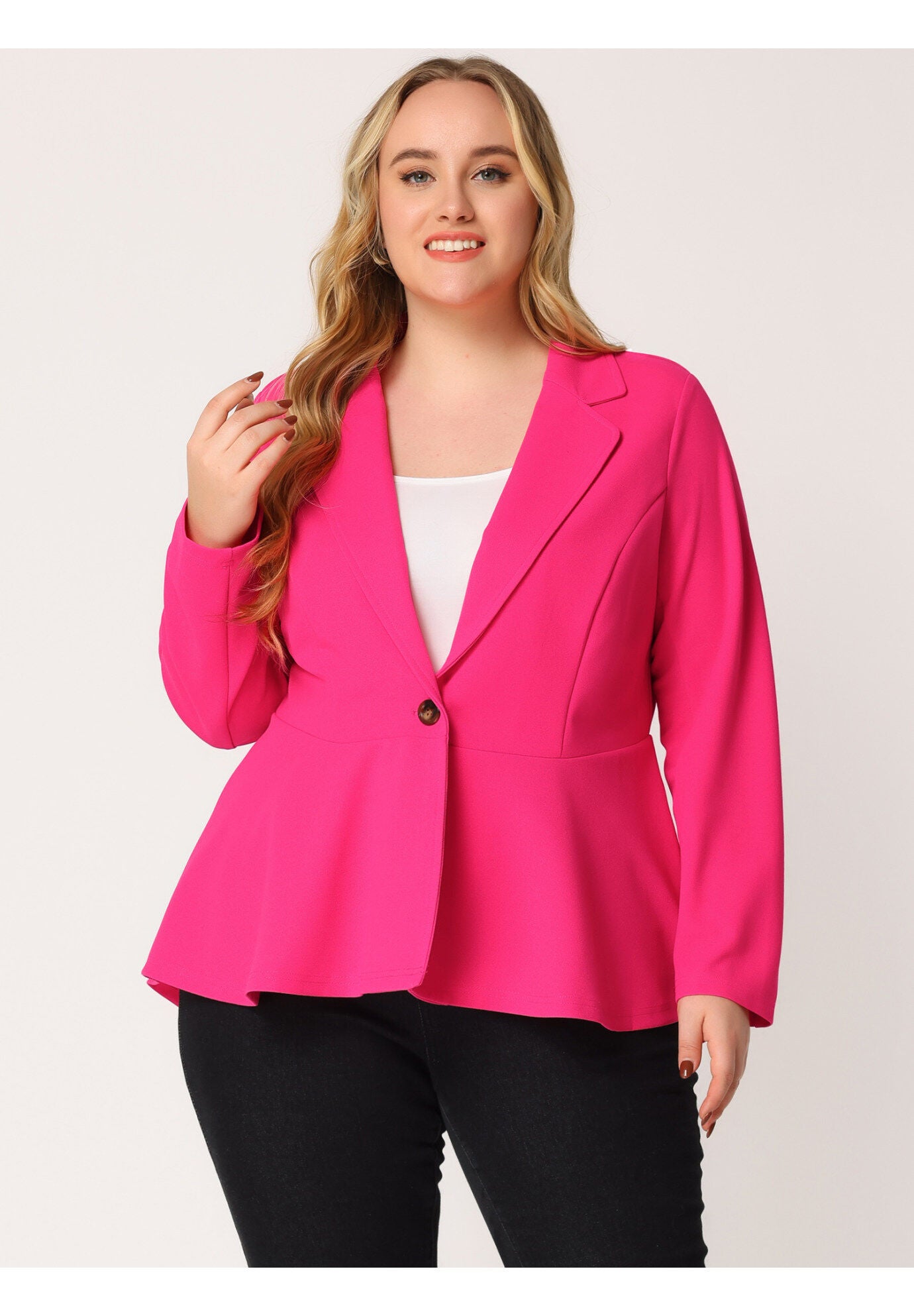 RUFFLE V NECK BUTTON NOTCH PANEL PEPLUM BLAZER, Hot Pink / Deep Fuchsia, hi-res image number 0