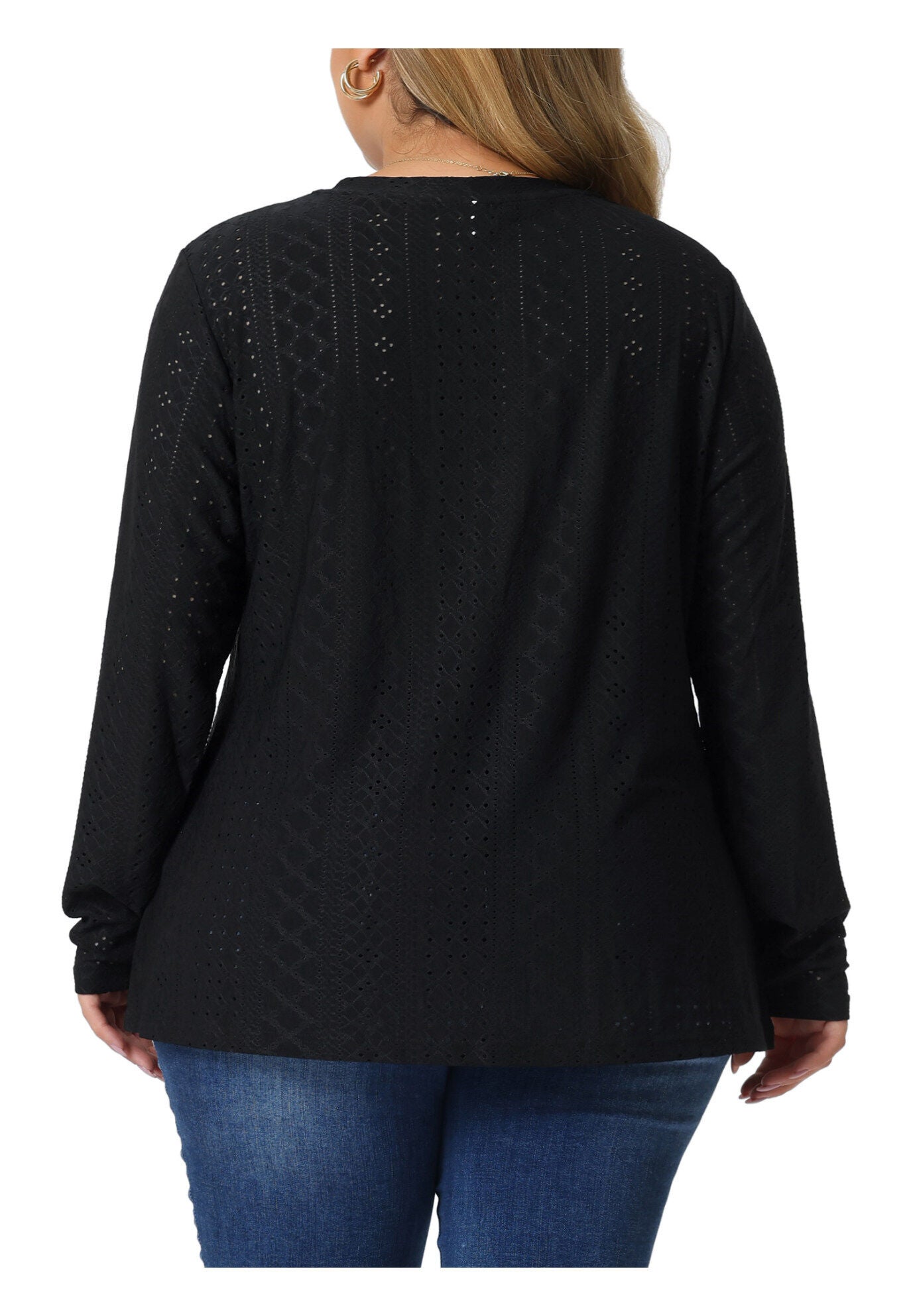 V Neck Long Sleeve Hollow Eyelet Top T-Shirt Tee, Black / Black, alternate image number 3