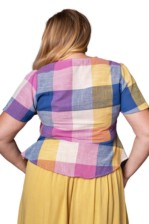 Gaia Plaid Button-Front Peplum Top, Pastel Plaid / Purple, alternate image number 2