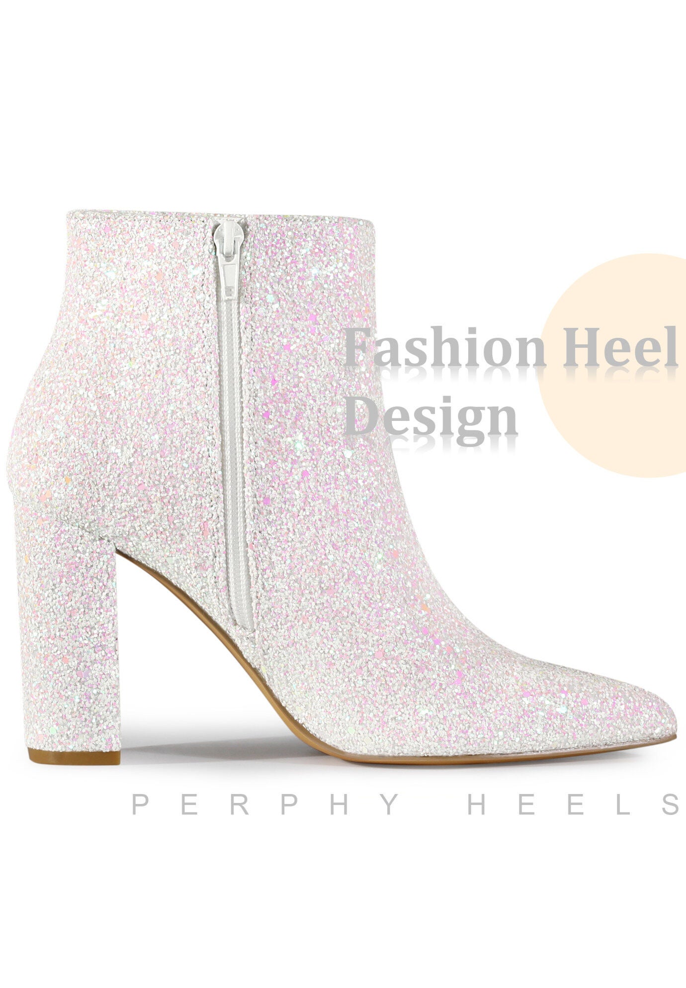 Glitter Pointed Toe Chunky Heels Sparkly Booties, White / White, alternate image number 3