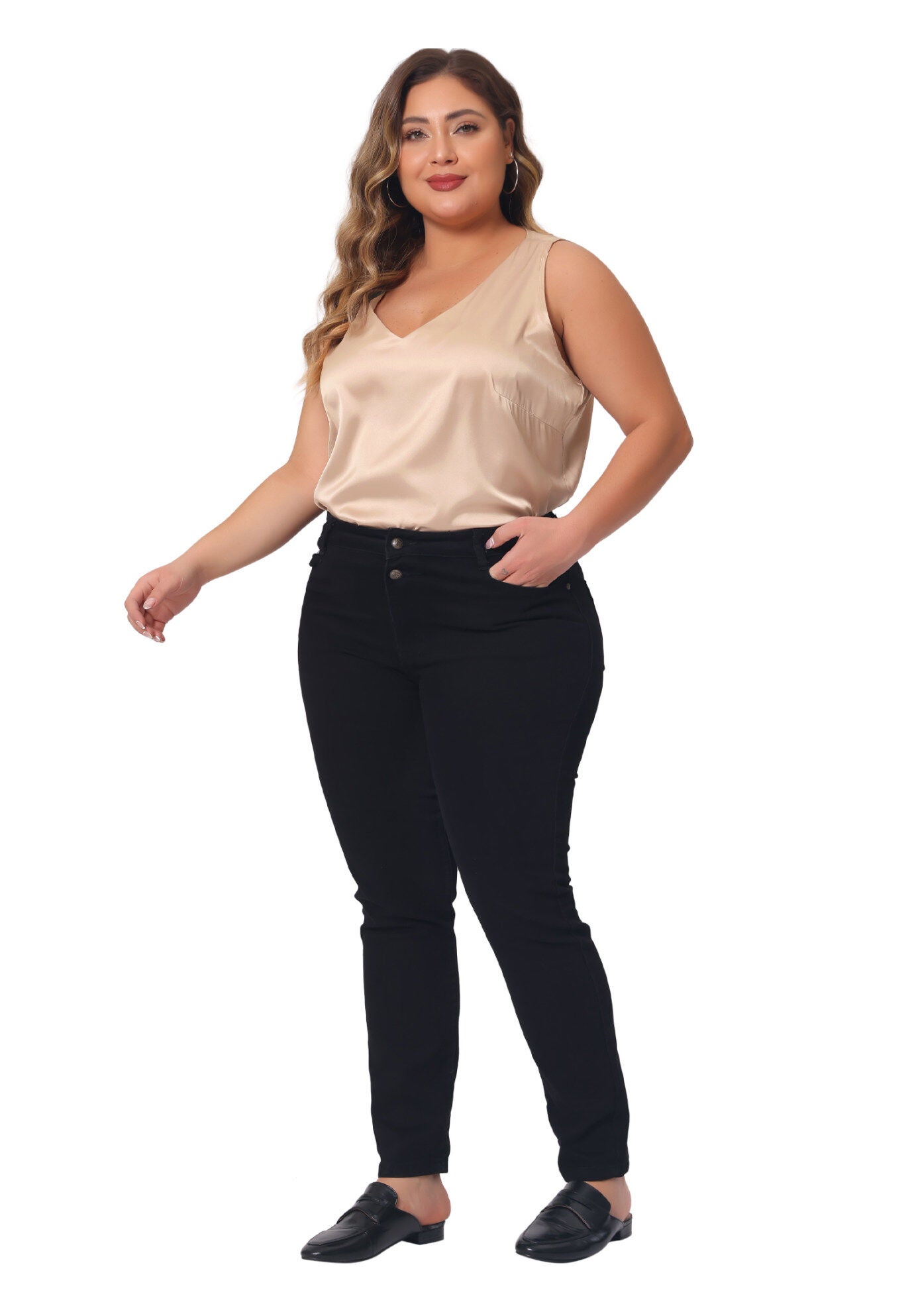 Satin Tank Top V Neck Casual Sleeveless Cami, Champagne / Gold, hi-res image number 0