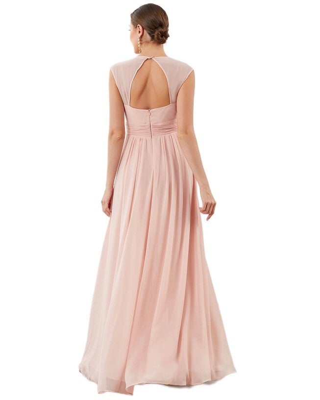 V-Neck Sleeveless Beaded Belt Chiffon A-Line Evening Dress, Pink / Pink, alternate image number null
