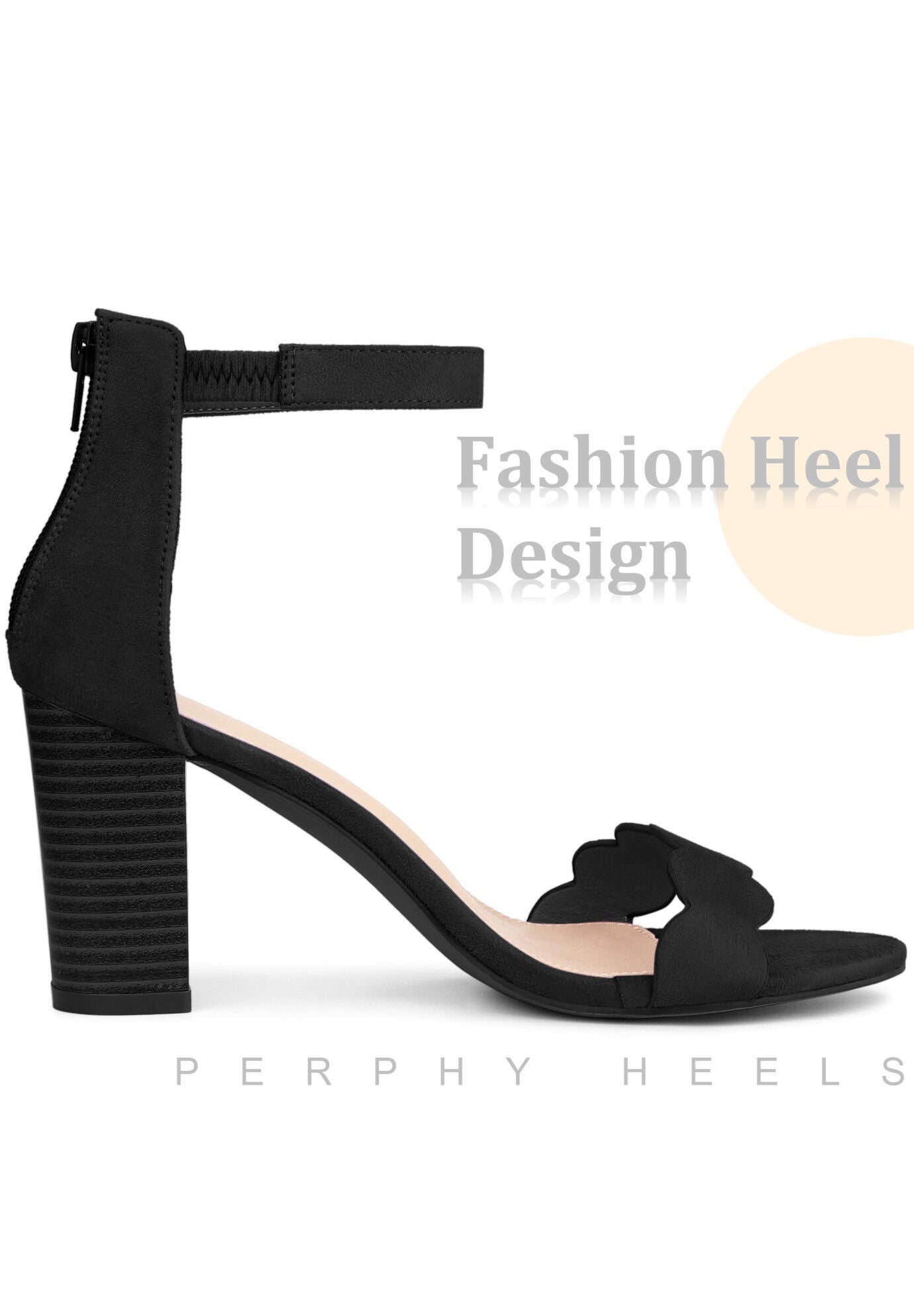 Scalloped Heel Ankle Strap Chunky Heels Sandals, Black / Black, alternate image number 1