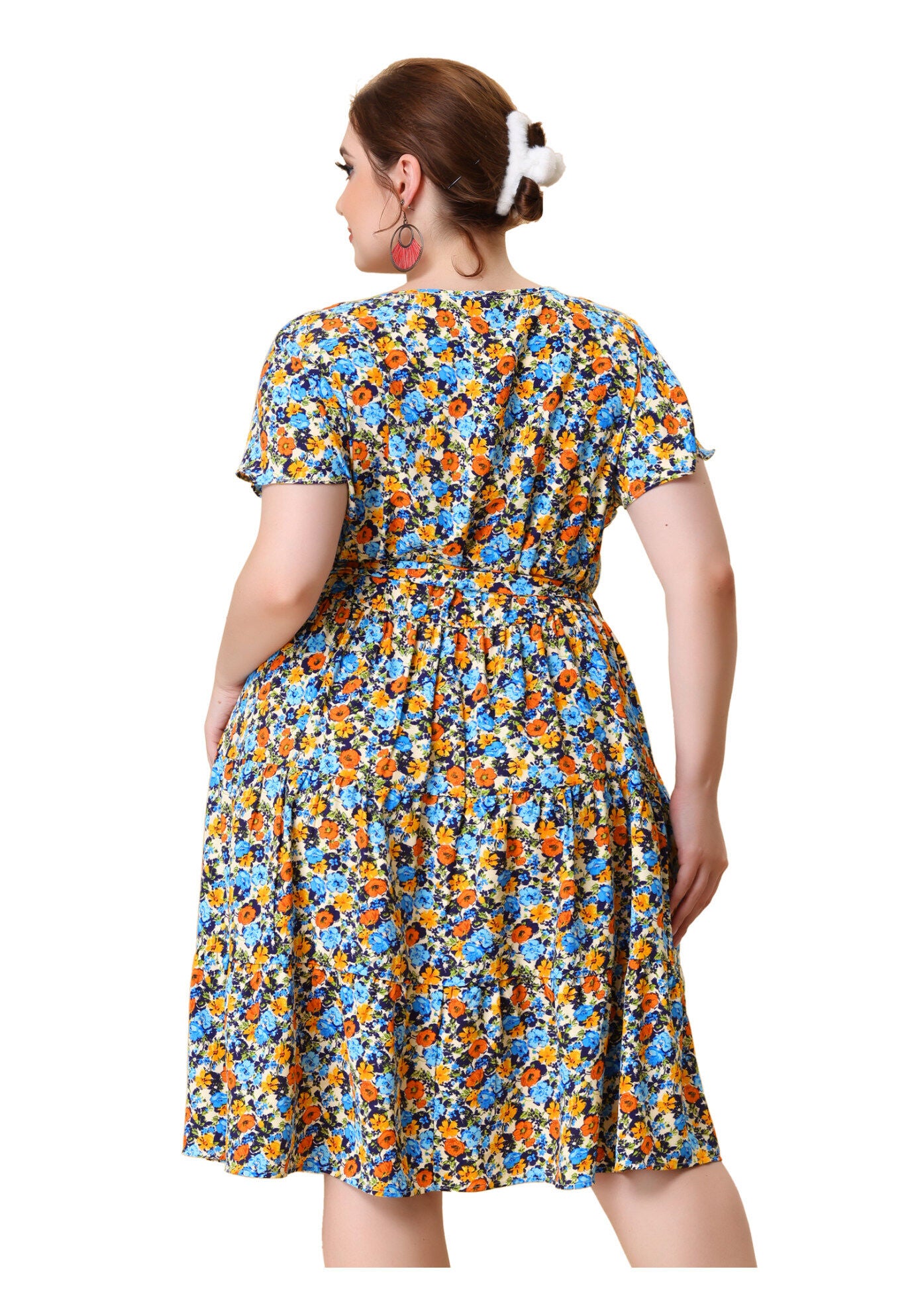 Floral Printed V Neck Summer Midi Flared Dress, Vintage Beige / Beige, alternate image number 3