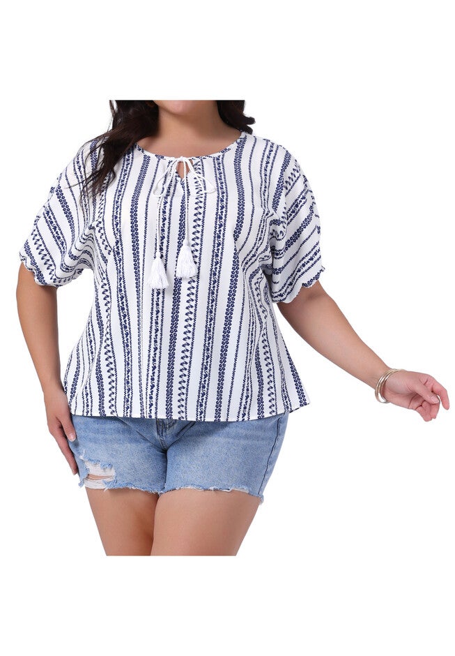 Boho Tied V Neck Short Sleeve Summer Top, White / White, alternate image number 1