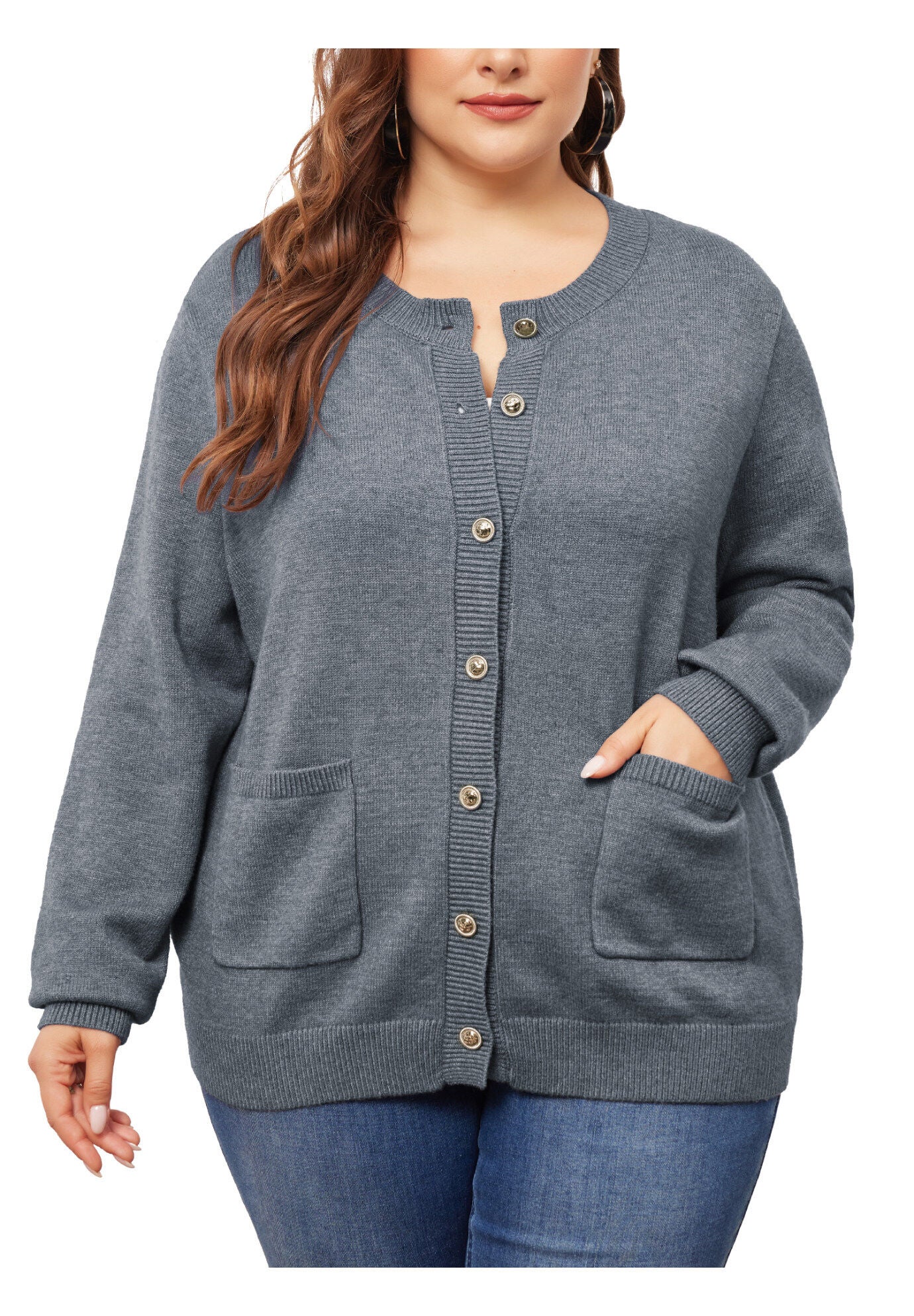 Button Down Crew Neck Sweater Knit Cardigan, Gray / Charcoal Grey, alternate image number 2