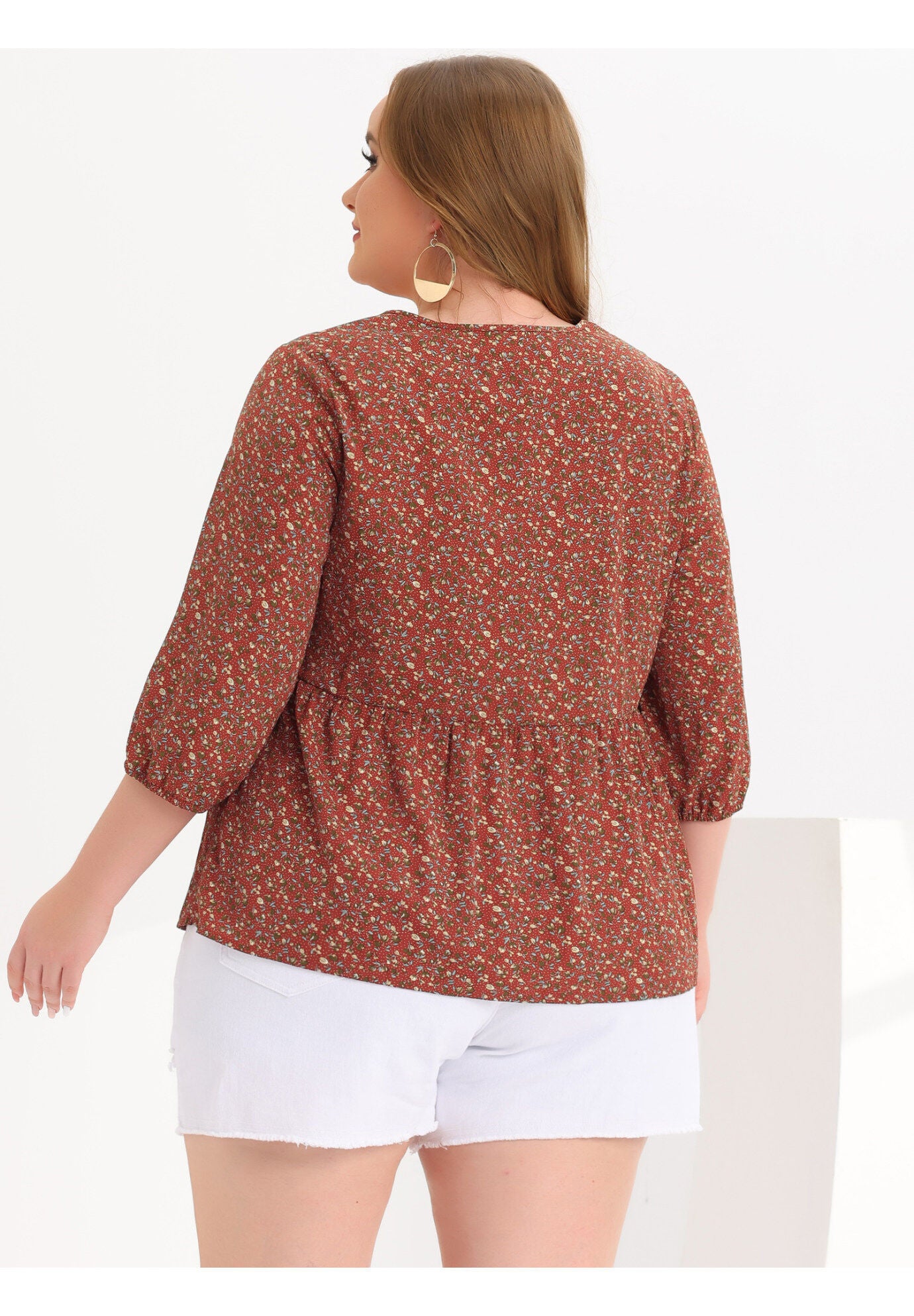 V Neck Babydoll Flowy 3/4 Lantern Sleeve Floral Blouse, Red Brown / Brown, alternate image number 3