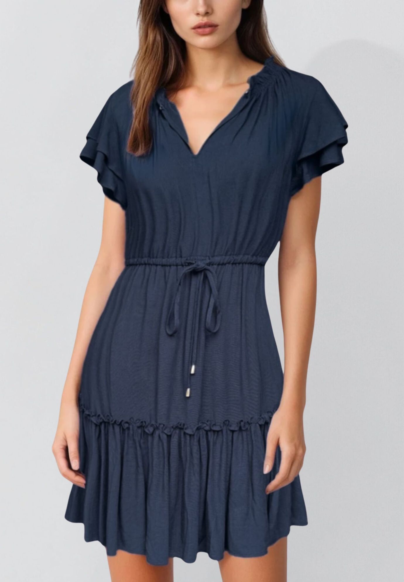 Annick- Mireille Short Dress Frilled Sleeves Tiered Tie Waist, Navy / Navy, hi-res image number 0
