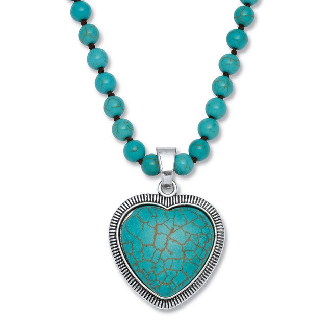 Genuine Turquoise Antiqued Silvertone Heart Pendant Necklace, 34 inches, TurquoiseAqua / Turquoise, hi-res image number null