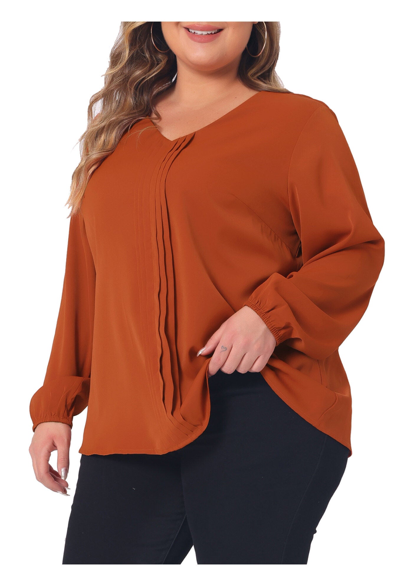 Long Sleeve Flowy Shirt Pleated V Neck Blouse, Caramel / Burnt Orange, alternate image number 1