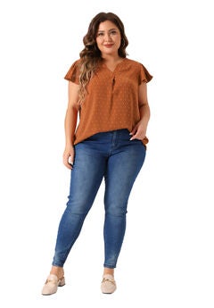 Swiss Dots Notched Neck Ruffle Sleeve Blouse